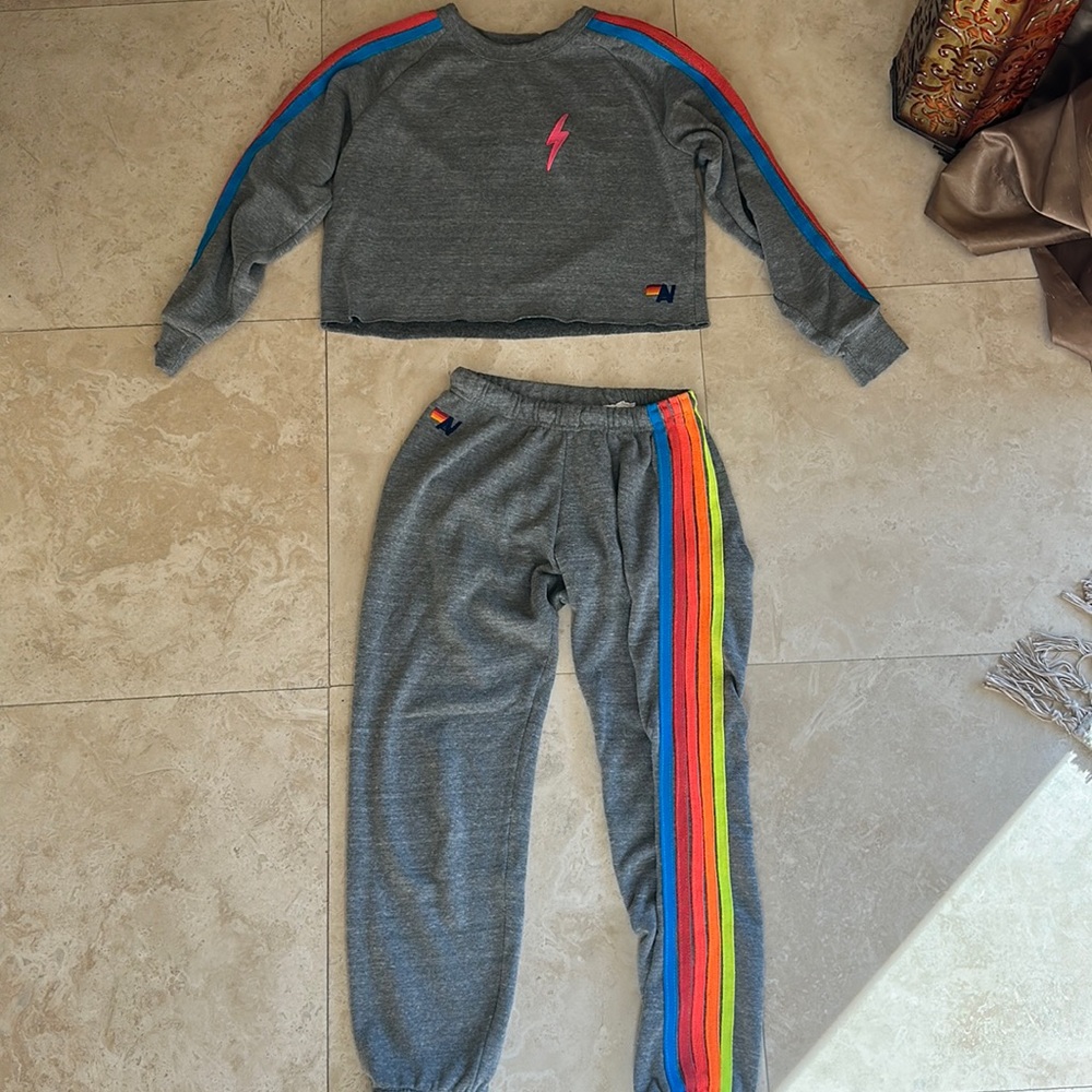 AVIATOR NATION rainbow grey cropped sweat set